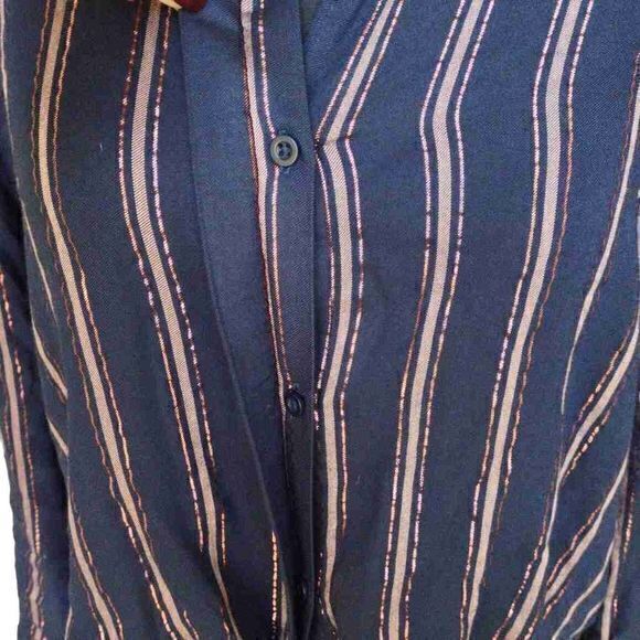 Bella Dahl Shimmer Stripe Tie Waist Open Collar Button Up Blouse Sz L - Picture 10 of 15